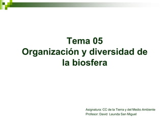 Tema 05
Organización y diversidad de
la biosfera
Asignatura: CC de la Tierra y del Medio Ambiente
Profesor: David Leunda San Miguel
 