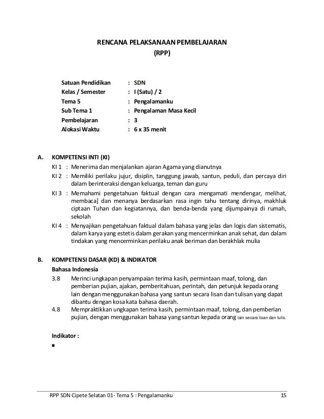RPP SD KELAS 1 Tema - Pengalamanku Sub Tema 1