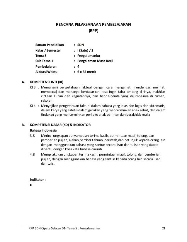 RPP SD KELAS 1 Tema - Pengalamanku Sub Tema 1