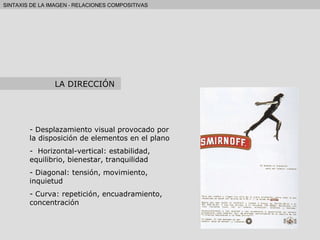 Desplazamiento visual provocado por la disposición de elementos en el plano Horizontal-vertical: estabilidad, equilibrio, bienestar, tranquilidad Diagonal: tensión, movimiento, inquietud Curva: repetición, encuadramiento, concentración LA DIRECCIÓN 