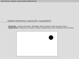 TENSIÓN COMPOSITIVA: NIVELACIÓN Y AGUZAMIENTO -  Nivelación  : Ausencia de tensión. Estabilidad, falta de sorpresa visual, armonía, reposo. -  Aguzamiento : Generación de tensión, sorpresa, dislocamiento visual. Focalización de la atención. 