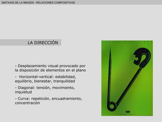 Desplazamiento visual provocado por la disposición de elementos en el plano Horizontal-vertical: estabilidad, equilibrio, bienestar, tranquilidad Diagonal: tensión, movimiento, inquietud Curva: repetición, encuadramiento, concentración LA DIRECCIÓN 