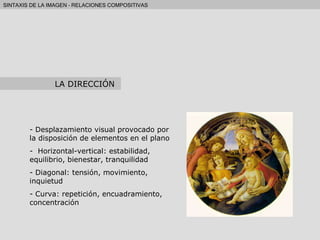 Desplazamiento visual provocado por la disposición de elementos en el plano Horizontal-vertical: estabilidad, equilibrio, bienestar, tranquilidad Diagonal: tensión, movimiento, inquietud Curva: repetición, encuadramiento, concentración LA DIRECCIÓN 