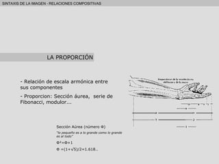 Relación de escala armónica entre sus componentes Proporcion: Sección áurea,  serie de Fibonacci, modulor... Sección Aúrea (número  Φ ) “ lo pequeño es a lo grande como lo grande es al todo” Φ = Φ +1 Φ  =(1+√5)/2=1.618.. LA PROPORCIÓN 