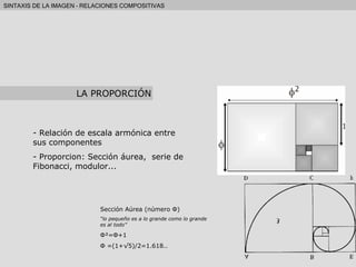 Relación de escala armónica entre sus componentes Proporcion: Sección áurea,  serie de Fibonacci, modulor... Sección Aúrea (número  Φ ) “ lo pequeño es a lo grande como lo grande es al todo” Φ = Φ +1 Φ  =(1+√5)/2=1.618.. LA PROPORCIÓN 