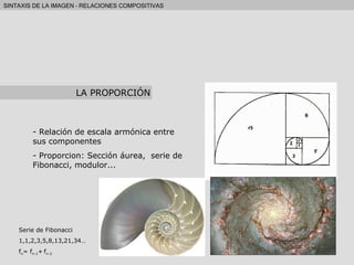 Relación de escala armónica entre sus componentes Proporcion: Sección áurea,  serie de Fibonacci, modulor... Serie de Fibonacci 1,1,2,3,5,8,13,21,34… f n = f n-1 +   f n-2 LA PROPORCIÓN 