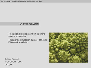 Relación de escala armónica entre sus componentes Proporcion: Sección áurea,  serie de Fibonacci, modulor... Serie de Fibonacci 1,1,2,3,5,8,13,21,34… f n = f n-1 +   f n-2 LA PROPORCIÓN 