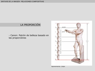Canon: Patrón de belleza basado en las proporciónes LA PROPORCIÓN Apoxiomenos .  Lisipo 