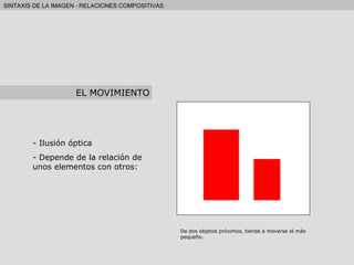 Ilusión óptica Depende de la relación de unos elementos con otros: De dos objetos próximos, tiende a moverse el más pequeño. EL MOVIMIENTO 