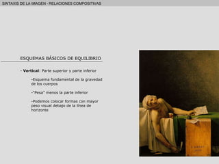 ESQUEMAS BÁSICOS DE EQUILIBRIO Vertical : Parte superior y parte inferior Esquema fundamental de la gravedad de los cuerpos “ Pesa” menos la parte inferior Podemos colocar formas con mayor peso visual debajo de la línea de horizonte 
