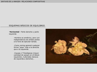 Horizontal -   Parte derecha y parte izquierda Hombre es simétrico, pero con independencia de ambas partes a la hora de ejecutar tareas. Como norma general  cualquier forma “pesa” más a la derecha que a la izquierda. Causas ¿? Fisiológicas (mayor cantidad de sangre en el lóbulo izquierdo), Culturales (lectura de izquierda a derecha)… ESQUEMAS BÁSICOS DE EQUILIBRIO 