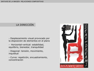 Desplazamiento visual provocado por la disposición de elementos en el plano Horizontal-vertical: estabilidad, equilibrio, bienestar, tranquilidad Diagonal: tensión, movimiento, inquietud Curva: repetición, encuadramiento, concentración LA DIRECCIÓN 