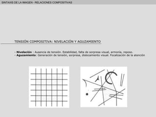 TENSIÓN COMPOSITIVA: NIVELACIÓN Y AGUZAMIENTO -  Nivelación  : Ausencia de tensión. Estabilidad, falta de sorpresa visual, armonía, reposo. -  Aguzamiento : Generación de tensión, sorpresa, dislocamiento visual. Focalización de la atención 