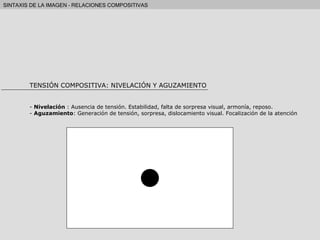 TENSIÓN COMPOSITIVA: NIVELACIÓN Y AGUZAMIENTO -  Nivelación  : Ausencia de tensión. Estabilidad, falta de sorpresa visual, armonía, reposo. -  Aguzamiento : Generación de tensión, sorpresa, dislocamiento visual. Focalización de la atención 