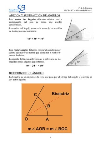5º de E. Primaria
RECTAS Y ÁNGULOS -TEMA 5
4
ADICIÓN Y SUSTRACCIÓN DE ÁNGULOS
Para sumar dos ángulos debemos colocar uno a
continuación del otro de modo que queden
consecutivos.
La medida del ángulo suma es la suma de las medidas
de los ángulos que sumamos.
40º + 30º = 70º
Para restar ángulos debemos colocar el ángulo menor
dentro del mayor de forma que coincidan el vértice y
uno de los lados.
La medida del ángulo diferencia es la diferencia de las
medidas de los ángulos que restamos.
40º – 30 º = 10º
BISECTRIZ DE UN ÁNGULO
La bisectriz de un ángulo es la recta que pasa por el vértice del ángulo y lo divide en
dos partes iguales.
 
