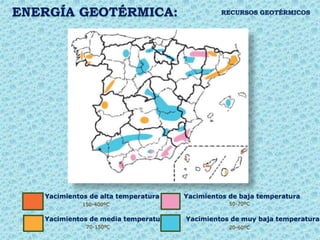 ENERGÍA GEOTÉRMICA:
Yacimientos de alta temperatura
Yacimientos de media temperatura
Yacimientos de baja temperatura
Yacimientos de muy baja temperatura
RECURSOS GEOTÉRMICOS
150-400ºC 50-70ºC
70-150ºC 20-60ºC
 