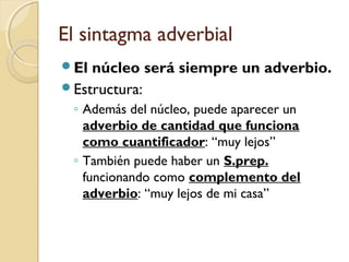 El sintagma adverbial
El

núcleo será siempre un adverbio.
Estructura:
◦ Además del núcleo, puede aparecer un
adverbio de cantidad que funciona
como cuantificador: “muy lejos”
◦ También puede haber un S.prep.
funcionando como complemento del
adverbio: “muy lejos de mi casa”

 