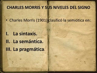 CHARLES MORRIS Y SUS NIVELES DEL SIGNO
• Charles Morris (1901) clasificó la semiótica en:
I. La sintaxis.
II. La semántica.
III. La pragmática.
 