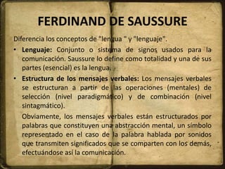 FERDINAND DE SAUSSURE
Diferencia los conceptos de "lengua " y "lenguaje".
• Lenguaje: Conjunto o sistema de signos usados para la
comunicación. Saussure lo define como totalidad y una de sus
partes (esencial) es la lengua.
• Estructura de los mensajes verbales: Los mensajes verbales
se estructuran a partir de las operaciones (mentales) de
selección (nivel paradigmático) y de combinación (nivel
sintagmático).
Obviamente, los mensajes verbales están estructurados por
palabras que constituyen una abstracción mental, un símbolo
representado en el caso de la palabra hablada por sonidos
que transmiten significados que se comparten con los demás,
efectuándose así la comunicación.
 