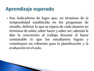  Son Indicadores de logro que, en términos de la
temporalidad establecida en los programas de
estudio, definen lo que se espera de cada alumno en
términos de saber, saber hacer y saber ser; además le
dan la concreción al trabajo docente al hacer
constatable lo que los estudiantes logran y
constituyen un referente para la planificación y la
evaluación en el aula.
 