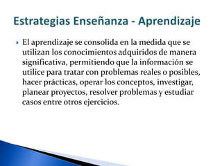  El aprendizaje se consolida en la medida que se
utilizan los conocimientos adquiridos de manera
significativa, permitiendo que la información se
utilice para tratar con problemas reales o posibles,
hacer prácticas, operar los conceptos, investigar,
planear proyectos, resolver problemas y estudiar
casos entre otros ejercicios.
 