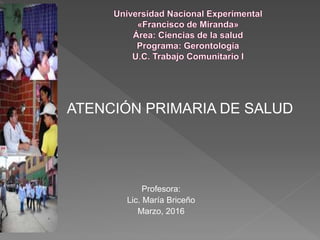 ATENCIÓN PRIMARIA DE SALUD
Profesora:
Lic. María Briceño
Marzo, 2016
 