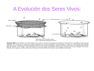 A Evolución dos Seres Vivos:
Francesco Redí (1626-1698) fue un médico italiano que se opuso a la teoría de la generación espontánea y demostró que en realidad esos gusanos que
aparecían, eran las larvas de moscas que habían depositado sus huevos previamente. Para demostrar su teoría, en 1668 diseñó unos sencillos
experimentos, que consistieron en colocar pequeños trozos de carne dentro de recipientes cubiertos con gasa y otros trozos en recipientes descubiertos,
para que sirvieran como “testigo”. Unos días después, la carne que quedó al descubierto tenía gusanos, mientras que la carne protegida no los tenía.
Además, sobre la gasa que cubría los frascos se encontraron los huevecillos de las moscas, que no pudieron atravesarla.
 