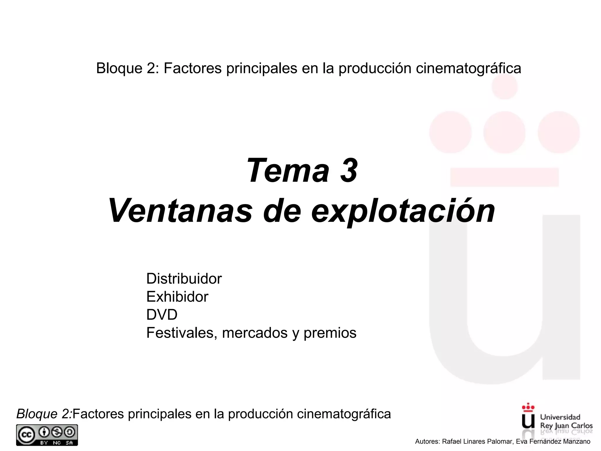Bloque 2:Factores principales en la producción cinematográfica
.
Autores: Rafael Linares Palomar, Eva Fernández Manzano
Tema 3
Ventanas de explotación
Bloque 2: Factores principales en la producción cinematográfica
Distribuidor
Exhibidor
DVD
Festivales, mercados y premios
 