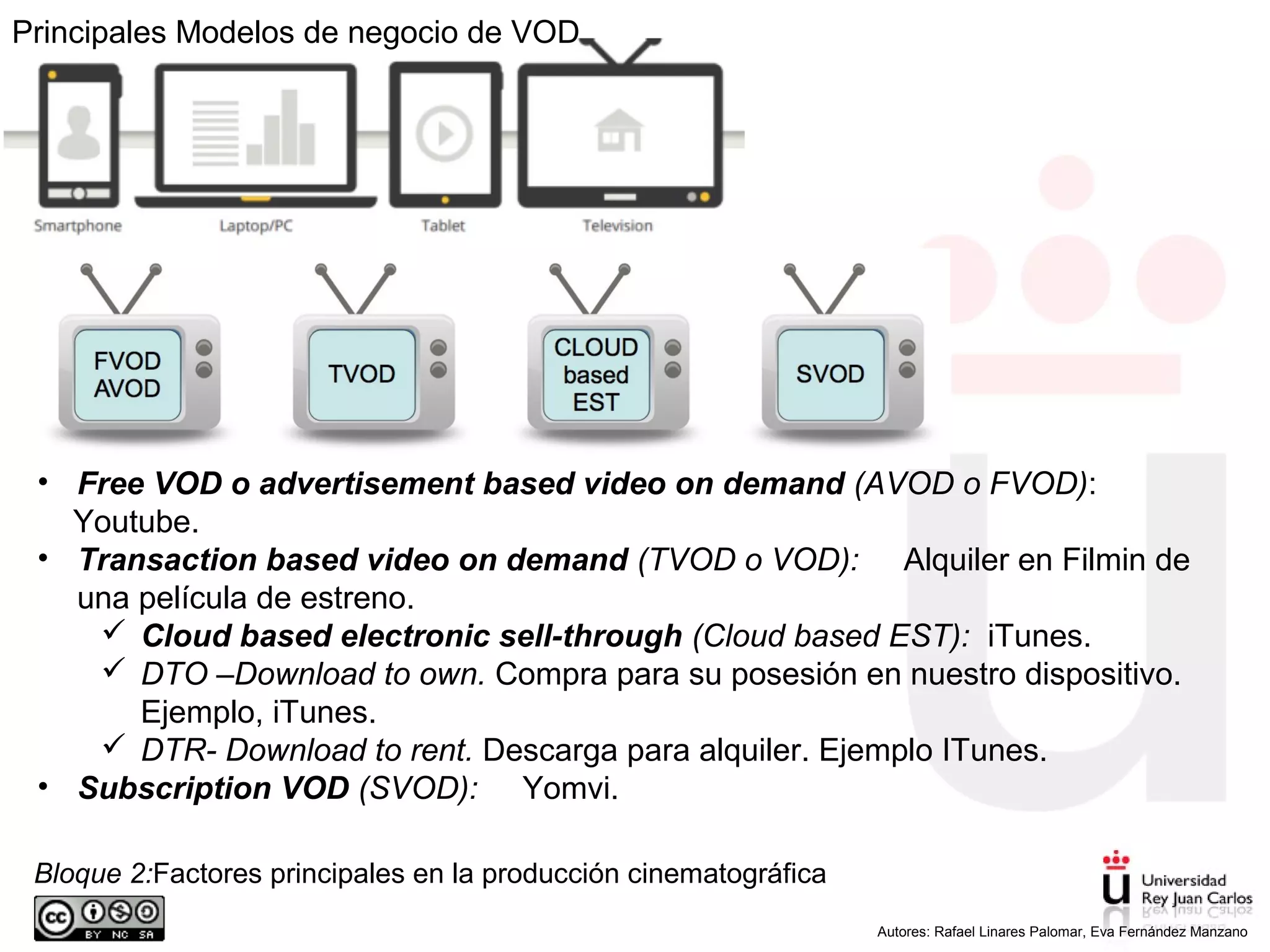 Bloque 2:Factores principales en la producción cinematográfica
.
Autores: Rafael Linares Palomar, Eva Fernández Manzano
Principales Modelos de negocio de VOD
• Free VOD o advertisement based video on demand (AVOD o FVOD):
Youtube.
• Transaction based video on demand (TVOD o VOD): Alquiler en Filmin de
una película de estreno.
 Cloud based electronic sell-through (Cloud based EST): iTunes.
 DTO –Download to own. Compra para su posesión en nuestro dispositivo.
Ejemplo, iTunes.
 DTR- Download to rent. Descarga para alquiler. Ejemplo ITunes.
• Subscription VOD (SVOD): Yomvi.
 