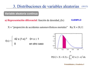3. Distribuciones de variables aleatorias                                      (10/13)


Variable aleatoria continua

a) Representación diferencial: función de densidad, f(x)                  EJEMPLO


  X ≡ “proporción de accidentes automovilísticos mortales” Rg X ≡ [0,1]

                                              3
                                             2,5

         42 x (1-x) 5   0< x ≤ 1              2
f(x) =                                       1,5

         0              en otro caso          1
                                             0,5
                                              0
                                                   0   0,2      0,4         0,6   0,8    1
                                                                      x

                                                                      0.3
                                           P(0.2 < X < 0.3) = ∫ 42 x (1 - x) 5 dx
                                                                      0.2


                                                             Probabilidades y Estadística I
 