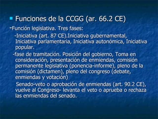 Funciones de la CCGG (ar. 66.2 CE) - Función legislativa. Tres fases: -Iniciativa (art. 87 CE).Iniciativa gubernamental, Iniciativa parlamentaria, Iniciativa autonómica, Iniciativa popular. -fase de tramitación. Posición del gobierno, Toma en consideración, presentación de enmiendas, comisión permanente legislativa (ponencia-informe), pleno de la comisión (dictamen), pleno del congreso (debate, enmiendas y votación) Senado-veto o aprobación de enmiendas (art. 90.2 CE), vuelve al Congreso- levanta el veto o aprueba o rechaza las enmiendas del senado.  