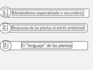 Metabolismo especializado o secundario
1.
Respuesta de las plantas al estrés ambiental
2.
El “lenguaje” de las plantas
3.
 
