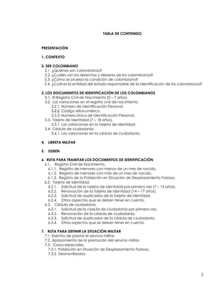 3
TABLA DE CONTENIDO
PRESENTACIÓN
1. CONTEXTO
2. SER COLOMBIANO
2.1. ¿Quiénes son colombianos?
2.2. ¿Cuáles son los derechos y deberes de los colombianos?
2.3. ¿Cómo se prueba la condición de colombiano?
2.4. ¿Cuál es la entidad del estado responsable de la identificación de los colombianos?
3. LOS DOCUMENTOS DE IDENTIFICACIÓN DE LOS COLOMBIANOS
3.1. El Registro Civil de Nacimiento (0 – 7 años).
3.2. Las variaciones en el registro civil de nacimiento.
3.2.1. Número de Identificación Personal.
3.2.2. Código Alfanumérico.
3.2.3. Número Único de Identificación Personal.
3.3. Tarjeta de Identidad (7 – 18 años).
3.3.1. Las variaciones en la tarjeta de identidad.
3.4. Cédula de ciudadanía.
3.4.1. Las variaciones en la cédula de ciudadanía.
4. LIBRETA MILITAR
5. SISBEN
6. RUTA PARA TRAMITAR LOS DOCUMENTOS DE IDENTIFICACIÓN
6.1. Registro Civil de Nacimiento.
6.1.1. Registro de menores con menos de un mes de nacido.
6.1.2. Registro de menores con más de un mes de nacido.
6.1.3. Registro de la Población en Situación de Desplazamiento Forzoso.
6.2. Tarjeta de identidad.
6.2.1. Solicitud de la tarjeta de identidad por primera vez (7 – 13 años).
6.2.2. Renovación de la Tarjeta de Identidad (14 – 17 años).
6.2.3. Solicitud de duplicados de la tarjeta de identidad.
6.2.4. Otros aspectos que se deben tener en cuenta.
6.3. Cédula de ciudadanía.
6.3.1. Solicitud de la cédula de ciudadanía por primera vez.
6.3.2. Renovación de la cédula de ciudadanía.
6.3.3. Solicitud de duplicados de la cédula de ciudadanía.
6.3.4. Otros aspectos que se deben tener en cuenta.
7. RUTA PARA DEFINIR LA SITUACIÓN MILITAR
7.1. Exentos de prestar el servicio militar.
7.2. Aplazamiento de la prestación del servicio militar.
7.3. Casos especiales.
7.3.1. Población en Situación de Desplazamiento Forzoso.
7.3.2. Desmovilizados.
 