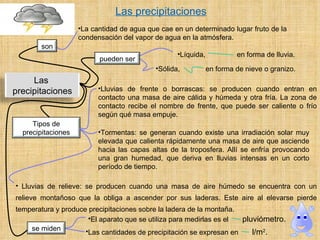 La cantidad de agua que cae en un determinado lugar fruto de la condensación del vapor de agua en la atmósfera. Líquida,  en forma de lluvia. Sólida,  en forma de nieve o granizo. Las cantidades de precipitación se expresan en  l/m 2 .  El aparato que se utiliza para medirlas es el  pluviómetro.  Las precipitaciones Lluvias de frente o borrascas: se producen cuando entran en contacto una masa de aire cálida y húmeda y otra fría. La zona de contacto recibe el nombre de frente, que puede ser caliente o frío según qué masa empuje. Tormentas: se generan cuando existe una irradiación solar muy elevada que calienta rápidamente una masa de aire que asciende hacia las capas altas de la troposfera. Allí se enfría provocando una gran humedad, que deriva en lluvias intensas en un corto período de tiempo. Lluvias de relieve: se producen cuando una masa de aire húmedo se encuentra con un relieve montañoso que la obliga a ascender por sus laderas. Este aire al elevarse pierde temperatura y produce precipitaciones sobre la ladera de la montaña. Las  precipitaciones son pueden ser Tipos de precipitaciones se miden 