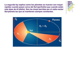 La segunda ley explica como los planetas se mueven con mayor
rapidez cuando pasan cerca del Sol (perihelio) que cuando están
más lejos de él (afelio). Son las áreas barridas por el radio-vector
Sol-planeta las que se mantienen siempre constantes.
 