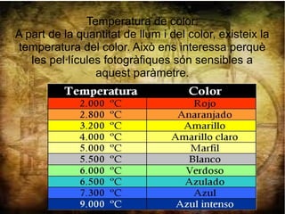 Temperatura de color:
A part de la quantitat de llum i del color, existeix la
temperatura del color. Això ens interessa perquè
les pel·lícules fotogràfiques són sensibles a
aquest paràmetre.
 