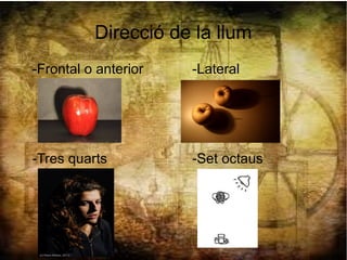 Direcció de la llum
-Frontal o anterior -Lateral
-Set octaus-Tres quarts
 