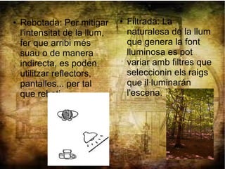 ● Rebotada: Per mitigar
l'intensitat de la llum,
fer que arribi més
suau o de manera
indirecta, es poden
utilitzar reflectors,
pantalles... per tal
que reboti.
● Filtrada: La
naturalesa de la llum
que genera la font
lluminosa es pot
variar amb filtres que
seleccionin els raigs
que il·luminarán
l'escena.
 