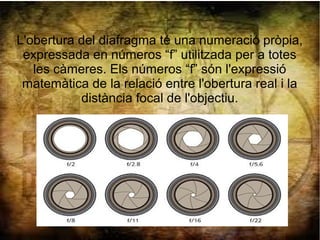 L'obertura del diafragma té una numeració pròpia,
expressada en números “f” utilitzada per a totes
les càmeres. Els números “f” són l'expressió
matemàtica de la relació entre l'obertura real i la
distància focal de l'objectiu.
 