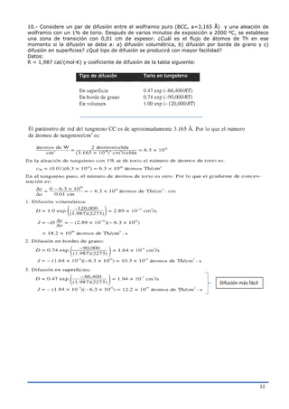 12
10.- Considere un par de difusión entre el wolframio puro (BCC, a=3,165 Å) y una aleación de
wolframio con un 1% de torio. Después de varios minutos de exposición a 2000 ºC, se establece
una zona de transición con 0,01 cm de espesor. ¿Cuál es el flujo de átomos de Th en ese
momento si la difusión se debe a: a) difusión volumétrica, b) difusión por borde de grano y c)
difusión en superficies? ¿Qué tipo de difusión se producirá con mayor facilidad?
Datos:
R = 1,987 cal/(mol·K) y coeficiente de difusión de la tabla siguiente:
Difusión más fácil
 