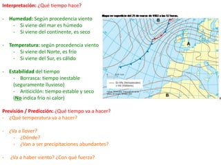 Interpretación: ¿Qué tiempo hace?
- Humedad: Según procedencia viento
- Si viene del mar es húmedo
- Si viene del continente, es seco
- Temperatura: según procedencia viento
- Si viene del Norte, es frío
- Si viene del Sur, es cálido
- Estabilidad del tiempo
- Borrasca: tiempo inestable
(seguramente lluvioso)
- Anticiclón: tiempo estable y seco
(No indica frío ni calor)
Previsión / Predicción: ¿Qué tiempo va a hacer?
- ¿Qué temperatura va a hacer?
- ¿Va a llover?
- ¿Dónde?
- ¿Van a ser precipitaciones abundantes?
- ¿Va a haber viento? ¿Con qué fuerza?
 