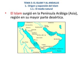 TEMA 5: EL ISLAM Y AL-ANDALUS
1.- Origen y expansión del Islam
1.1.- El medio natural
• El Islam surgió en la Península Arábiga (Asia),
región en su mayor parte desértica.
 