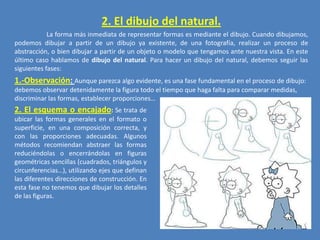 2. El dibujo del natural.
La forma más inmediata de representar formas es mediante el dibujo. Cuando dibujamos,
podemos dibujar a partir de un dibujo ya existente, de una fotografía, realizar un proceso de
abstracción, o bien dibujar a partir de un objeto o modelo que tengamos ante nuestra vista. En este
último caso hablamos de dibujo del natural. Para hacer un dibujo del natural, debemos seguir las
siguientes fases:

1.-Observación: Aunque parezca algo evidente, es una fase fundamental en el proceso de dibujo:
debemos observar detenidamente la figura todo el tiempo que haga falta para comparar medidas,
discriminar las formas, establecer proporciones…

2. El esquema o encajado: Se trata de
ubicar las formas generales en el formato o
superficie, en una composición correcta, y
con las proporciones adecuadas. Algunos
métodos recomiendan abstraer las formas
reduciéndolas o encerrándolas en figuras
geométricas sencillas (cuadrados, triángulos y
circunferencias…), utilizando ejes que definan
las diferentes direcciones de construcción. En
esta fase no tenemos que dibujar los detalles
de las figuras.

 