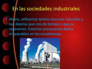 En las sociedades industriales
• Ahora, utilizamos tantos recursos naturales y
tan deprisa que nos da tiempo a que se
regeneren. Estamos provocando daños
irreparables en los ecosistemas.
 