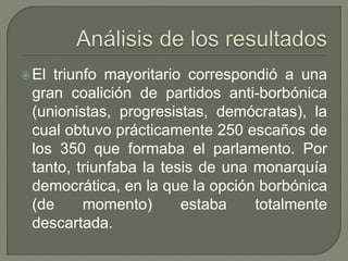 El triunfo mayoritario correspondió a una 
gran coalición de partidos anti-borbónica 
(unionistas, progresistas, demócratas), la 
cual obtuvo prácticamente 250 escaños de 
los 350 que formaba el parlamento. Por 
tanto, triunfaba la tesis de una monarquía 
democrática, en la que la opción borbónica 
(de momento) estaba totalmente 
descartada. 
 