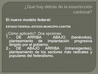 El nuevo modelo federal: 
ESTADO FEDERAL-ESTADO-MUNICIPIO-CANTÓN 
¿Cómo aplicarlo?. Dos opciones: 
1.- DE ARRIBA ABAJO (benévolos), 
planteamiento de implantación progresiva 
dirigido por el gobierno. 
2.- DE ABAJO ARRIBA (intransigentes), 
planteamiento de los sectores más radicales y 
populares del federalismo. 
 