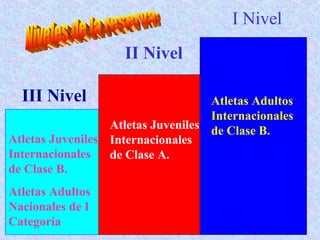 I Nivel
II Nivel
III Nivel

Atletas Adultos
Internacionales
Atletas Juveniles de Clase B.
Atletas Juveniles Internacionales
Internacionales
de Clase A.
de Clase B.
Atletas Adultos
Nacionales de I
Categoría

 