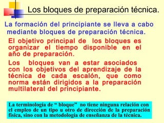 Los bloques de preparación técnica.
La formación del principiante se lleva a cabo
mediante bloques de preparación técnica.
El objetivo principal de los bloques es
organizar el tiempo disponible en el
año de preparación.
Los bloques van a estar asociados
con los objetivos del aprendizaje de la
técnica de cada escalón, que como
norma están dirigidos a la preparación
multilateral del principiante.
La terminología de “ bloque” no tiene ninguna relación con
el empleo de un tipo u otro de dirección de la preparación
física, sino con la metodología de enseñanza de la técnica.

 