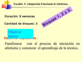 Escalón I: Adaptación Funcional al Atletismo.

Duración: 8 semanas
Cantidad de bloques: 3

Objetivo
básico:
Deben ser capaces

B

oq
l

es
u

,2
1

3.
y

de :

Familizarse con el proceso de iniciación en
atletismo y comenzar el aprendizaje de la técnica.

 
