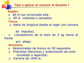 Test a aplicar al concluir el Escalón I
Rapidez:

60 m con arrancada alta.

30 m volantes o lanzados .
Fuerza:
 Salto de longitud desde el lugar (sin carrera



de impulso).
Lanzamiento de la bala de 3 kg hacia el

frente

por abajo.
Resistencia:

Abdominales de tronco en 30 segundos.

Planchas (flexiones y extensiones de codo

bocabajo o lagartija).

Carrera de 1000 m.

 